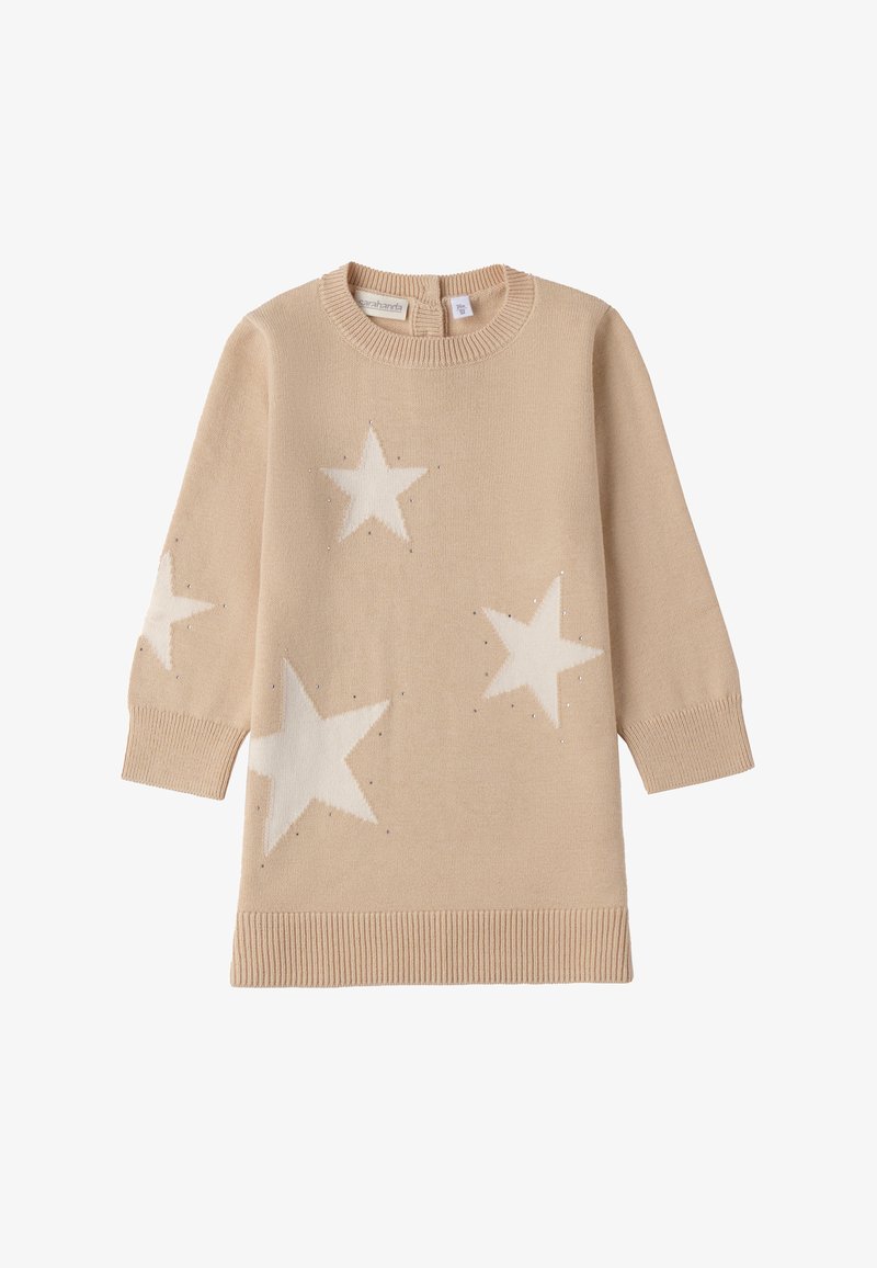 Maglione lavorato a maglia beige con maniche lunghe, caratterizzato da motivi a stella bianchi e piccole decorazioni. Collo e polsini a costine.