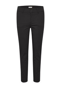 Mustat housut slim fit -mallissa, jotka on valmistettu sileästä kankaasta. Varustettu tavallisella vyötäröllä, vyölenkeillä ja kapeilla lahkeilla. Ei näkyviä koristeita.