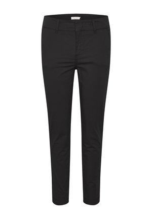 Black trousers with a slim fit, made from smooth fabric. Features a standard waistband, belt loops, and tapered legs. No visible embellishments.