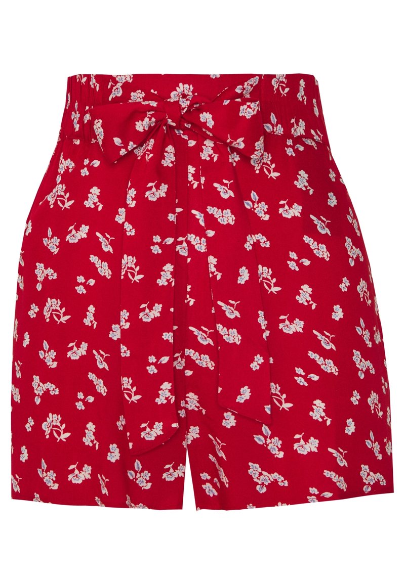 Shorts rossi floreali realizzati in tessuto leggero, caratterizzati da un fiocco in vita e con motivi floreali bianchi e azzurri su tutta la superficie.