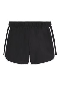 Pantaloni corti neri con una cintura elastica, caratterizzati da strisce laterali bianche e una vestibilità comoda. Il materiale sembra leggero e liscio.