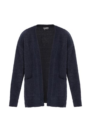 Navyblauwe cardigan van zacht, gestructureerd materiaal. Open voorkant met twee voorzakken en lange mouwen. Geen sluitingen.