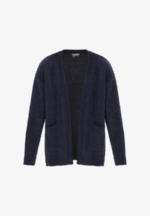 Navyblauwe cardigan van zacht, gestructureerd materiaal. Open voorkant met twee voorzakken en lange mouwen. Geen sluitingen.