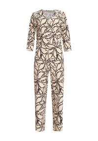 Patronen jumpsuit met een V-hals, lange mouwen en een getailleerde taille. Romige achtergrond met zwarte en smaragdgroene bladachtige ontwerpen.