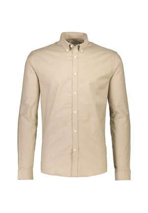Beżowa koszula z długim rękawem, z kołnierzykiem zapinanym na guziki, przednim zapięciem oraz mankietami. Materiał wydaje się gładki o miękkiej fakturze.