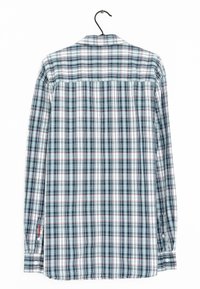 Camicia a maniche lunghe a quadri in blu, bianco e rosso. Design con bottoni e colletto classico, con dettagli di cucitura visibili. Tessuto in cotone.