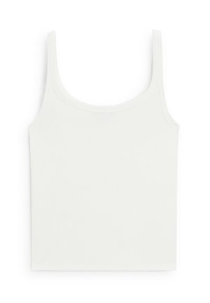 Witte aansluitende tanktop met dikke bandjes, gemaakt van gladde, rekbare stof. Heeft een ronde halslijn en een eenvoudig, strakke ontwerp.