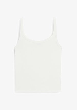 White fitted tank top with thick straps, made of smooth, stretchy fabric. Features a rounded neckline and a simple, clean design.