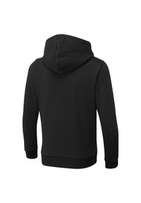 Czarna bluza z kapturem, posiadająca długie rękawy, ściągacze i gładką fakturę materiału. Prosty design, bez widocznych logo czy wzorów.