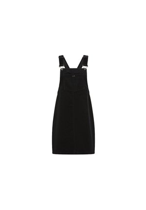 Robe in velluto a coste nera con bretelle regolabili, una tasca frontale e una linea dritta, caratterizzata da dettagli di cucitura sottili.