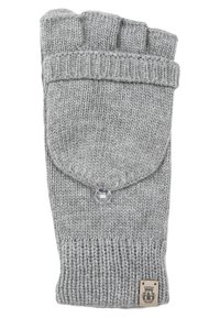 Graue gestrickte Fingerhandschuhe ohne Finger mit geripptem Bündchen, dekorativem Knopf und einem kleinen Logo-Patch im Handgelenkbereich. Weiche Textur und warmes Design.