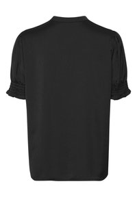 Czarna bluzka z krótkim rękawem, z marszczonymi rękawami bufiastymi i gumowanymi mankietami, prezentowana z tyłu na białym tle.