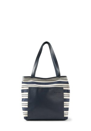 Sac cabas à rayures bleu marine et blanc avec deux longues anses en cuir et une poche avant unie bleu marine.