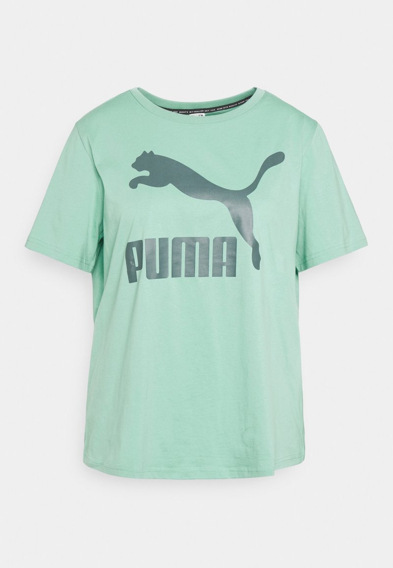 Mint green short-sleeve T-shirt with dark gray Puma logo and leaping cat graphic on front, crew neckline, and classic fit.