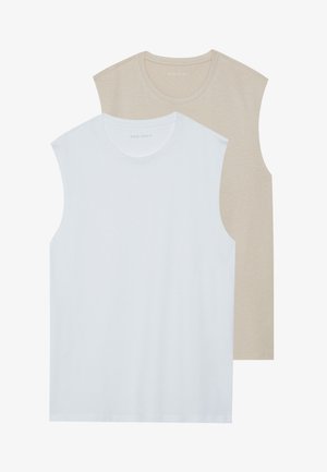 Two sleeveless shirts: one white, one light beige. Both have crew necklines and are made of soft, smooth fabric with a casual fit.