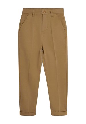 Beige Hosen aus glattem Stoff mit Knopfschluss, schrägen Seitentaschen und umgeschlagenen Säumen für eine lässige Passform.