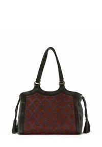 Borsa a mano nera in pelle con motivo geometrico di perline in rosso e viola. Dotata di due manici e nappe laterali per dettaglio.