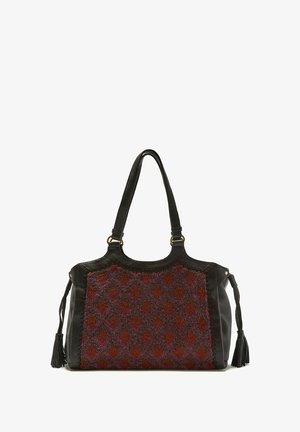 Borsa a mano nera in pelle con motivo geometrico di perline in rosso e viola. Dotata di due manici e nappe laterali per dettaglio.