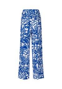 Patterned wide-leg pants featuring a blue and white abstract design. Made from lightweight fabric with a smooth texture. Dual back pockets.
