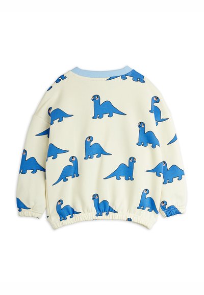 Felpa leggera color crema con stampa ripetuta di dinosauri blu, collo a girocollo a coste e polsini e orlo elasticizzati per una vestibilità comoda.