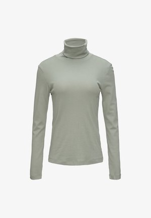 Długi rękaw, golf w miękkim, jasnoszarym materiale. Dopasowany krój z gładką fakturą i minimalnymi detalami szwowymi.