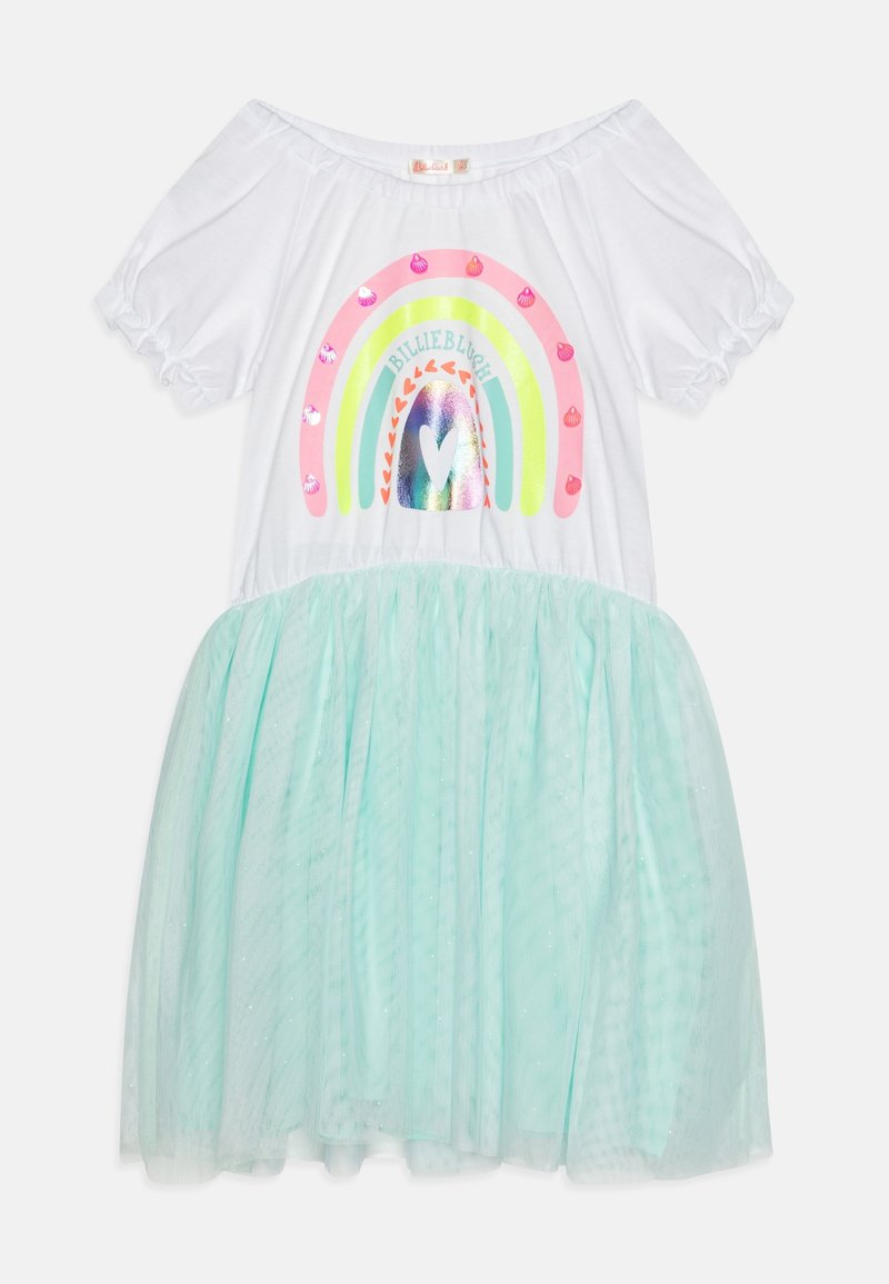 Biała sukienka z krótkim rękawem i tęczową grafiką, ozdobiona błyszczącymi akcentami oraz miętową spódnicą z tiulu. Miękki bawełniany top z plisowanym dekoltem.
