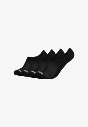 Fünf Paar schwarze, unsichtbare Knöchelsocken mit weißem "LIVER"-Text im Zehenbereich, nebeneinander auf weißem Hintergrund angeordnet.