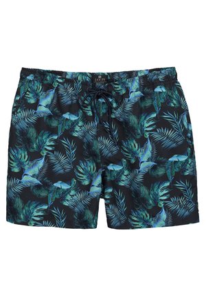 Herre badebukser med elastisk talje og sort snor, med blå og grøn tropisk bladprint på sort baggrund.