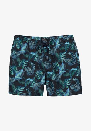 Herre badebukser med elastisk talje og sort snor, med blå og grøn tropisk bladprint på sort baggrund.