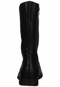 Black leather knee-high boot with a smooth texture, rounded toe, and a side zipper for closure. Flat sole and seam detailing visible.