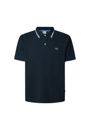 Polo de color marino en mezcla de algodón, con cuello abotonado, acentos en rayas blancas y azul claro en las mangas, y logotipo bordado.
