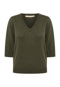Mörk olivgrön stickad kortärmad tröja med V-ringning och ribbade ärmslut och nederkant, visad på en enkel vit bakgrund.