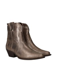 Metalen bronzen enkellaarzen met een spitse neus, textuurafwerking, korte gestapelde hak en trekflappen aan de zijkanten.