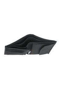 Portefeuille noir bi-pli avec plusieurs logements pour cartes et une poche à pièces, présenté ouvert et vide sur fond blanc.