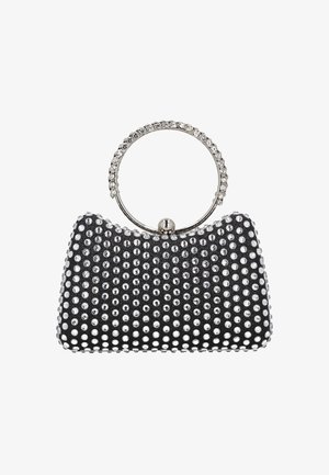 Plic de seară negru, acoperit cu ținte argintii distribuite uniform și cu un mâner rotund decorat cu rhinestones transparente.