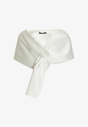 Witte satijnen wikkel met een gedraaide voorkant. Gladde textuur, valt sierlijk. Voorzien van een striksluiting aan de zijkant voor een verstelbare pasvorm.