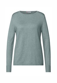 Maglione a maniche lunghe con collo a girocollo in morbido materiale blu-verde chiaro, con una texture liscia e polsini a coste. Design semplice e senza fronzoli.