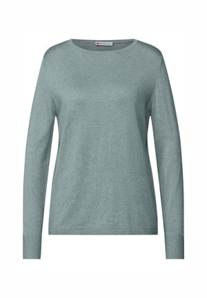Langsleeve crew neck trui van zacht, lichtblauw-groene stof met een gladde textuur en geribde boorden. Eenvoudig en zonder opsmuk ontwerp.