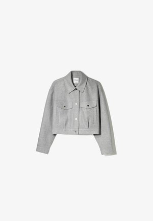 Gray cropped jacket made of soft fabric. Features a button-up front, pointed collar, and two front pockets with silver accents.