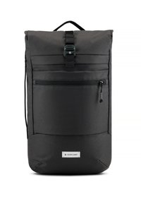 Sac à dos noir à rabat fabriqué en tissu durable. Doté d'une poche zippée à l'avant, de bretelles ajustables et d'un patch logo en bas.