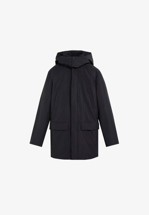 Palton de iarnă negru cu glugă, mâneci lungi, fermoar frontal ascuns și patru buzunare, două înclinate și două cu clapete.