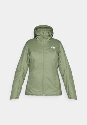 Groene waterdichte jas met een ritssluiting aan de voorkant, verstelbare capuchon en zakken. Glad materiaal met een lichte glans. Voorzien van het logo van The North Face.