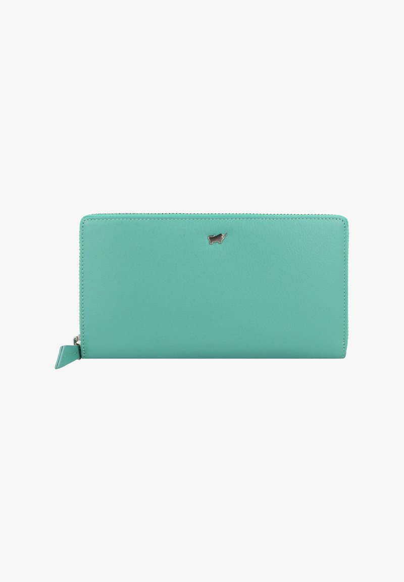 Portefeuille en cuir vert menthe avec une texture lisse, présentant un accent logo argent et une fermeture éclair sur le haut.