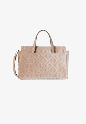 Rosa gesteppte Handtasche mit glatter, samtartiger Textur, zwei oberen Griffen und abnehmbarem Schulterriemen. Verfügt über dekorative Stickmuster.