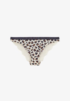 Culotte bikini pour femme avec imprimé léopard beige, noir et marron, bande élastique bleu marine à la taille, ornée de dentelle blanche sur les côtés.