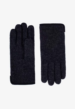 Dark gray wool gloves with a soft, textured finish, featuring a black trim along the wrist and a decorative button.