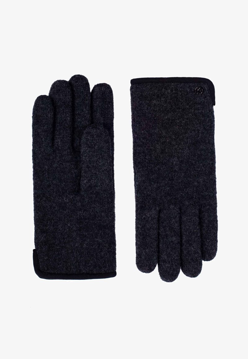 Dark gray wool gloves with a soft, textured finish, featuring a black trim along the wrist and a decorative button.