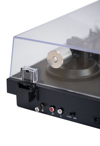 Automatic turntable with transparent dust cover, black chassis, silver accent knob, RCA output ports, and a lock mechanism for secure storage.
