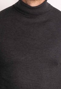 Pull à col roulé gris foncé en tissu tricoté doux. Présente une coupe ajustée avec un col côtelé et une texture lisse, sans motifs visibles.