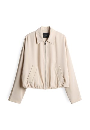 Hellbeige, kurze Jacke aus glattem Stoff mit einem Frontreißverschluss, spitzem Kragen und zwei Seitentaschen. Die langen Ärmel sind leicht oversized.